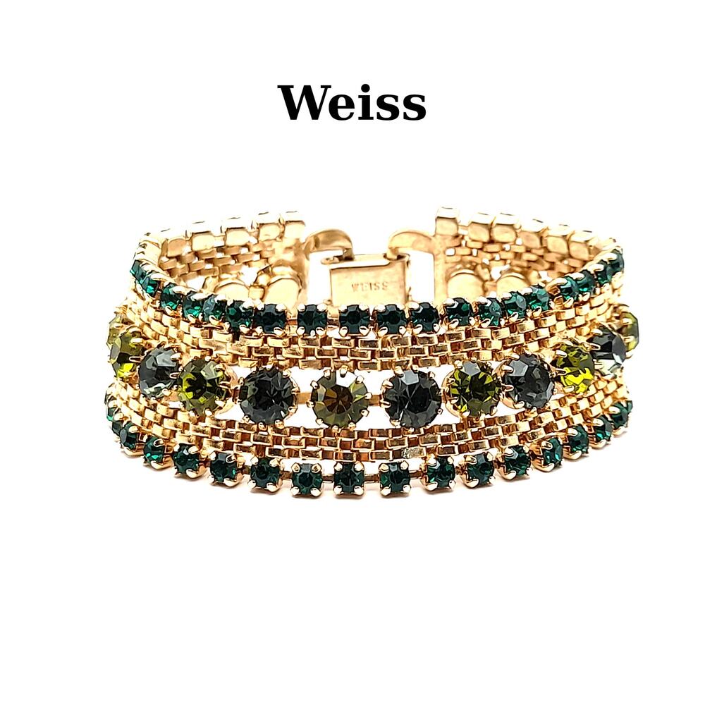 Vintage Weiss Green Rhinestone Mesh Bracelet - Elegant Glamour